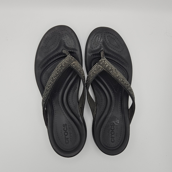 Crocs black and silver comfy flip flop sandals women's 10 - Picture 5 of 6